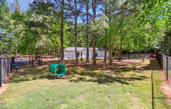 A green slide in a backyard surrounded by trees.