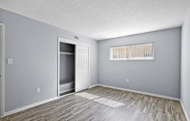 the spacious living room is empty and has a door to the closet