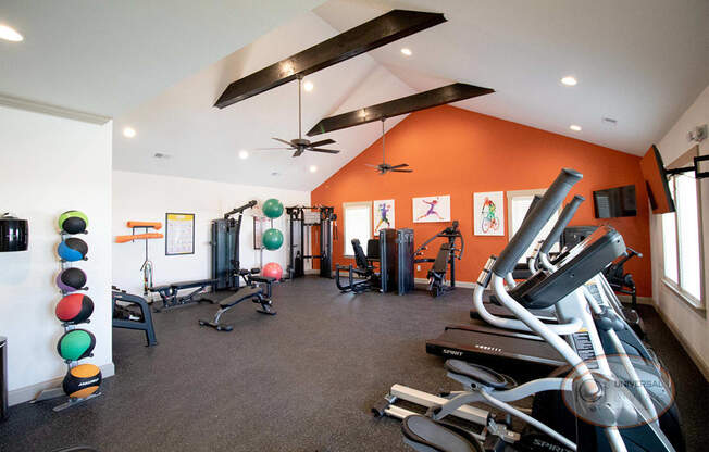 the gym has plenty of exercise equipment including treadmills and free weights