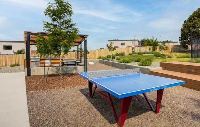 a ping pong table in the backyard of a house