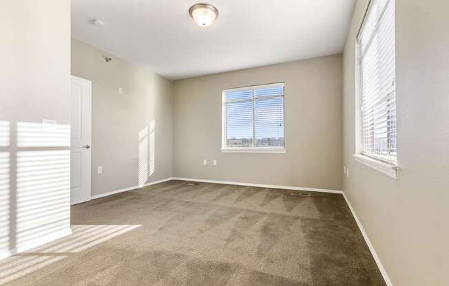 A room with a carpeted floor and a window with blinds.