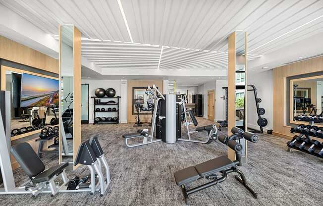 Modern gym with advanced strength equipment, kettlebells, and ample room to power through your workout