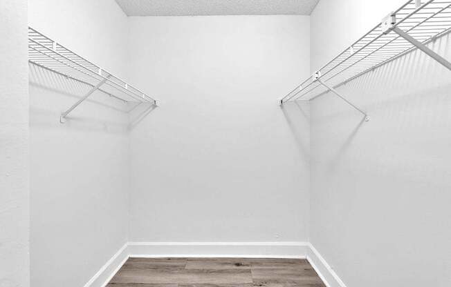 Empty walk-in closet with shelves and wooden floor.