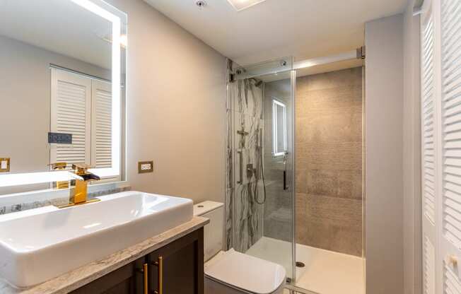 a bathroom with a sink and a shower