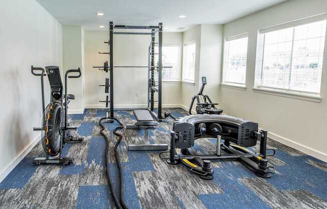 A home gym with a variety of equipment including a treadmill, rowing machine, and weights.