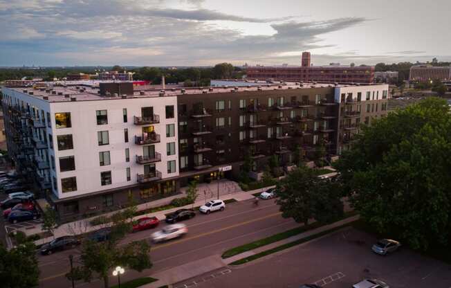an aerial view of an apartment building in the city