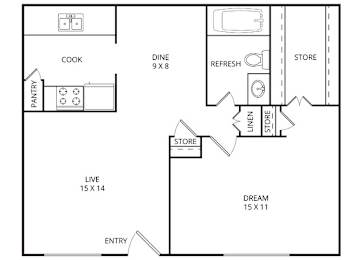 1 bed, 1 bath, 740 sqft, $759