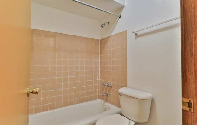 a bathroom with a toilet and a bath tub