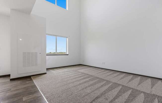 A room with a carpet, a window and a white door.
