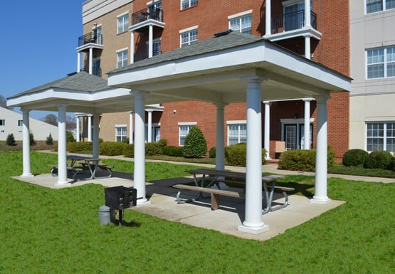 Outdoor grilling and entertaining area with covered picnic benches; charcoal grills