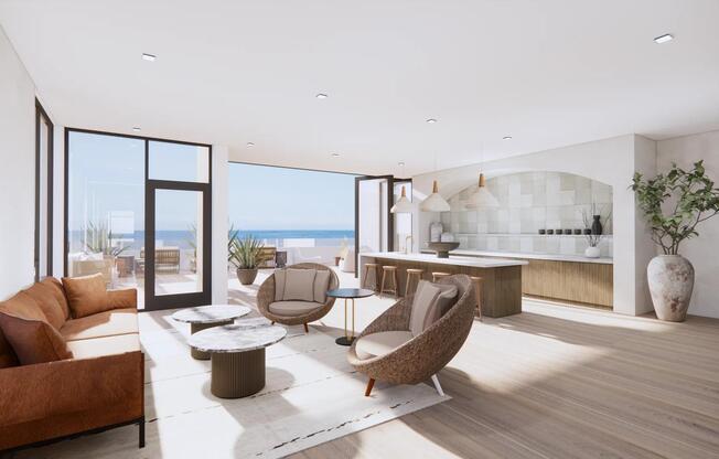 Sky lounge with private dining space and rooftop terrace with panoramic ocean views.