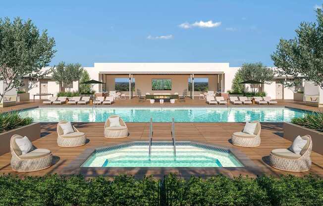 A large outdoor swimming pool surrounded by lounge chairs and greenery.