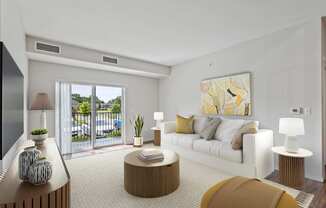 A living room with a white couch, a brown coffee table, and a large painting on the wall.