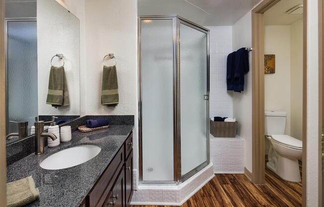 Bathroom with granite countertops and a glass surround shower at Creekfront at Deerwood, Florida