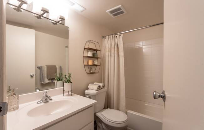 This is a picture of the bathroom in the 980 square foot, 2 bedroom, 1 bath model apartment at Fairfield Pointe Apartments in Fairfield, Ohio.