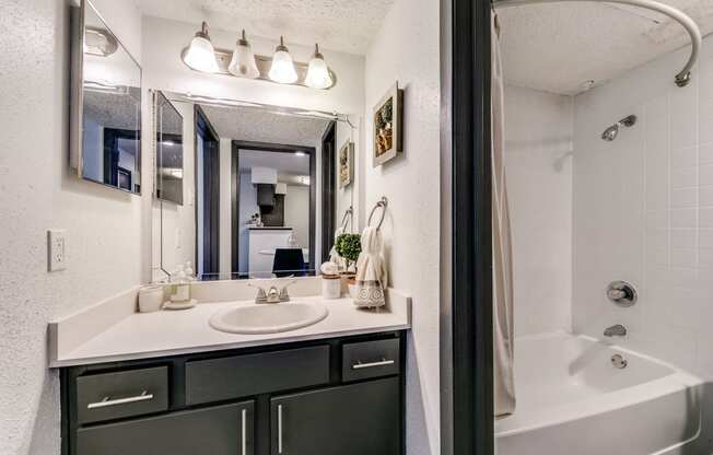 the preserve at ballantyne commons apartment bathroom with tub and shower