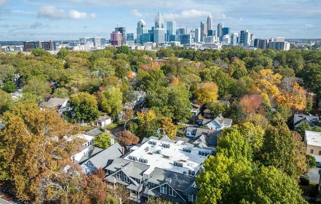 A view of a city skyline from a residential area.