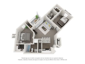 2 beds, 2 baths, 808 sqft, $1,249