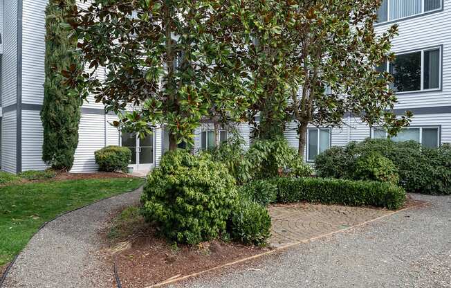 a front yard with a tree and bushes in front of a white house