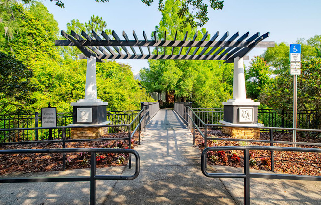 a covered walkway with awning and benches