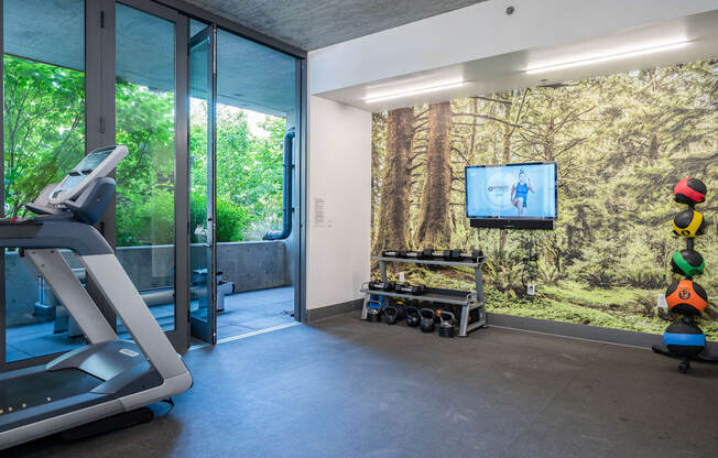 a gym with a tv and exercise equipment