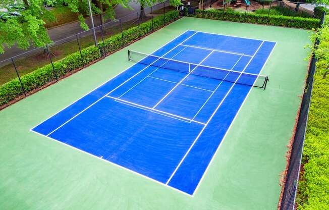 A blue tennis court surrounded by greenery.