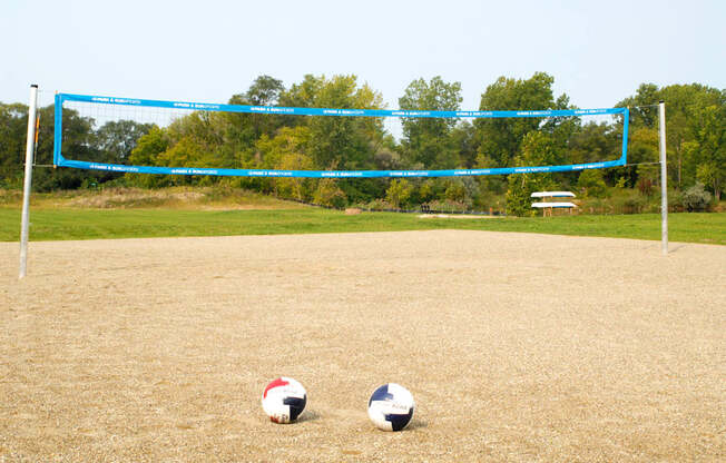 Outdoor sand volleyball court with a blue net. There are tow volleyballs on the court. Behind the court is a large grassy field and woods.