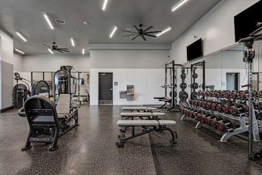 weights with mirrors at SevenO2 Main Apartments, Salt Lake City, Utah