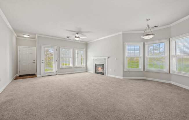 a living room with a fireplace