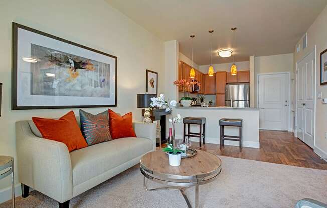 Elements at Briargate Living Room Kitchen Apartments in Colorado Springs, CO