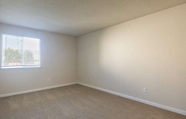 an empty bedroom with carpet and a window