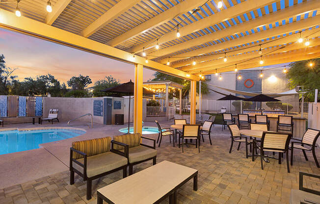 Outdoor Patio Area with Lounge Furniture at Ridgeline Apartments in Tucson, AZ.