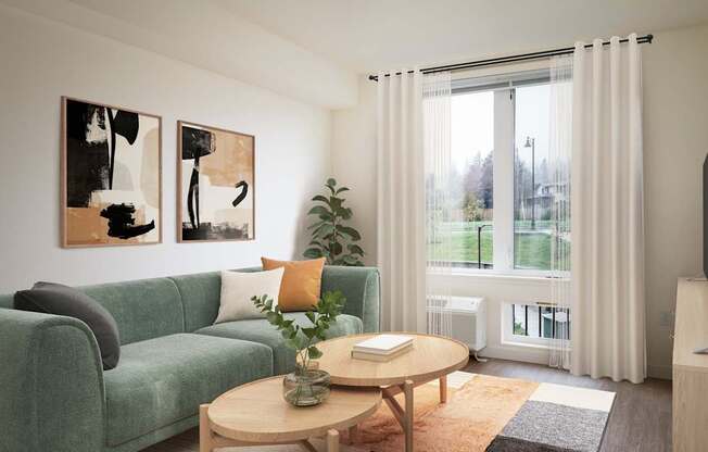 A living room with a green couch, a coffee table, and two abstract paintings on the wall.