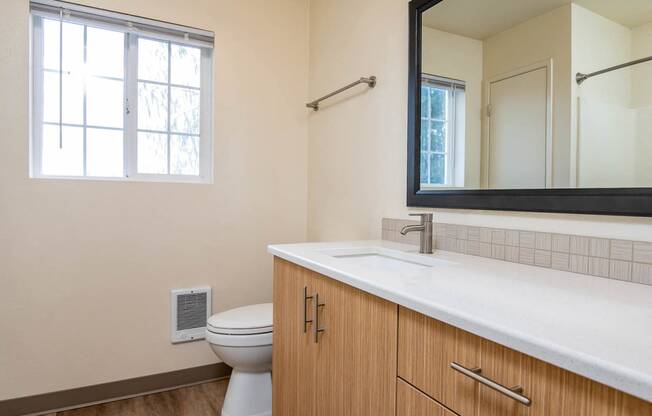 Bathroom with ample storage and large mirror