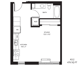 Studio, 1 bath, 476 sqft, $1,343