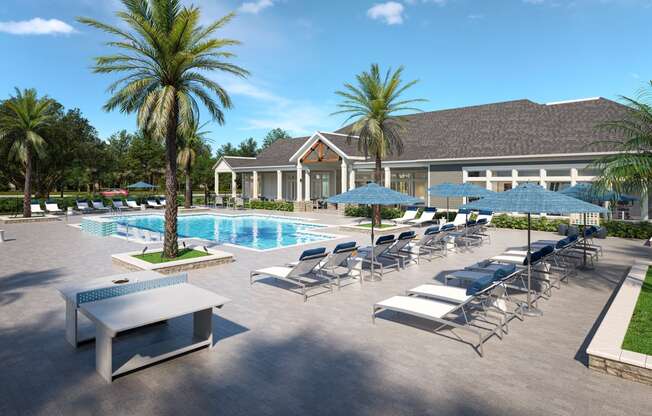 a swimming pool with lounge chairs and umbrellas in front of a house