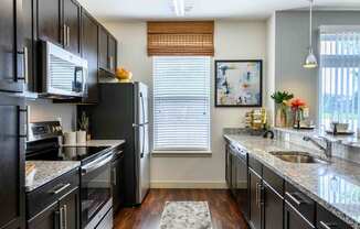 A kitchen with black cabinets and granite countertops.
