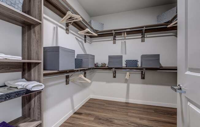 Lux Apartments Bellevue Washington has large walk-in closets in every home, with custom built in shelving