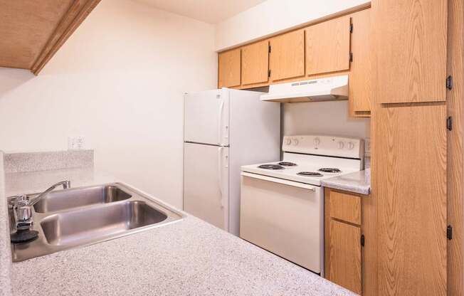 A kitchen with a stove, sink, and refrigerator.