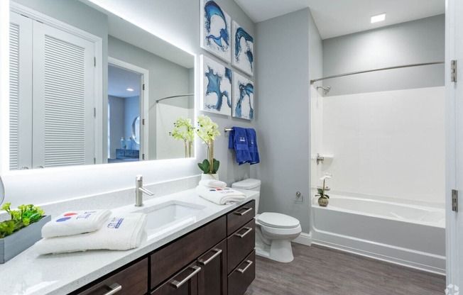 a bathroom with a large mirror and a toilet