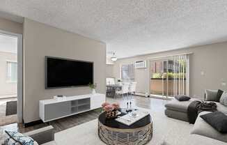 A modern living room with a flat screen TV, a white entertainment center, and a coffee table with a vase of flowers on it.