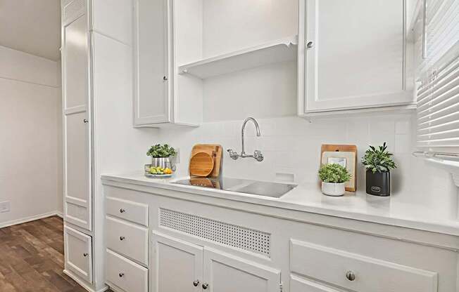 A white kitchen with a wooden cutting board and a potted plant on the counter.