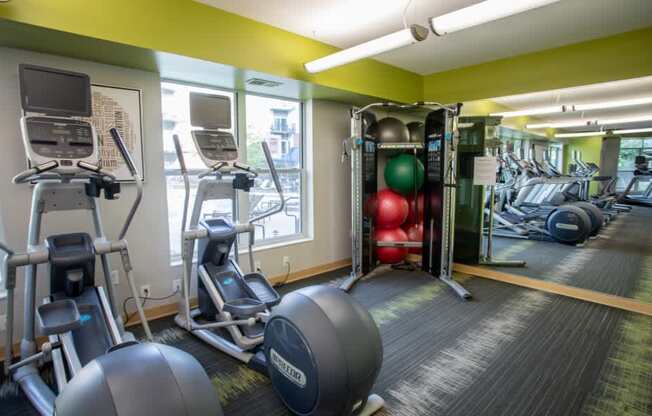 A gym with a variety of equipment including treadmills, stationary bikes, and weight machines.