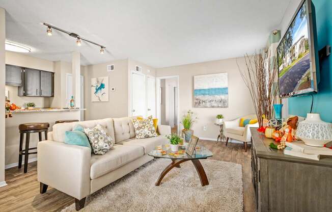 open-concept kitchen and living room at 701 South Apartments in Mobile, AL