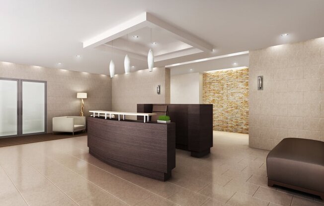 a rendering of a lobby with a reception desk and a stone wall  at The Sheffield Englewood, Englewood, 07631