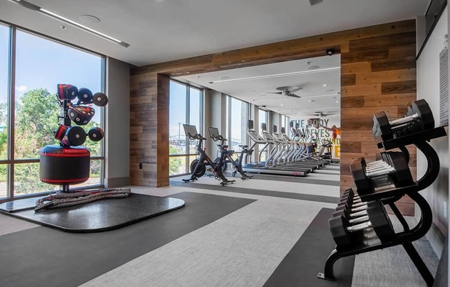 a gym with a row of exercise machines and windows