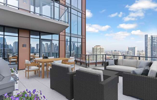 a rendering of a balcony with furniture and views of a city at Cassidy on Canal, Chicago, Illinois
