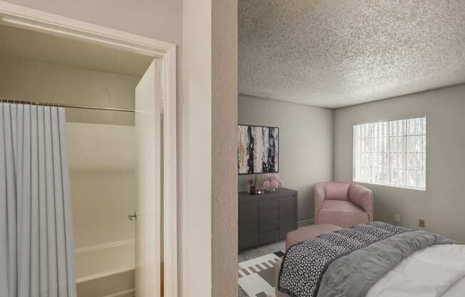 a bedroom with a bed and a chair and a closet