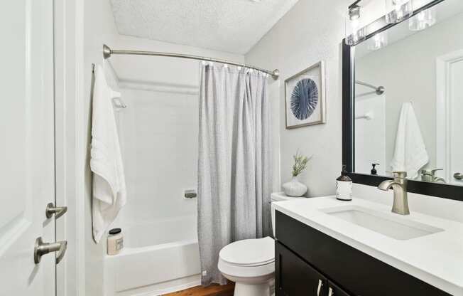 Elme Druid Hills Renovated bathroom with updated vanity and shower at Elme Druid Hills, Atlanta, Georgia