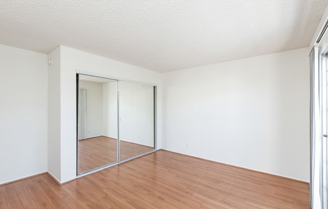 Bedroom with Hardwood Floors and Mirrored Wardrobe Closet